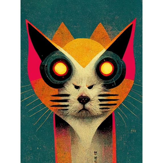 Multicoloured Retro Cyborg Cat Hybrid In Teal Background Unframed Wall Art Print Poster Home Decor