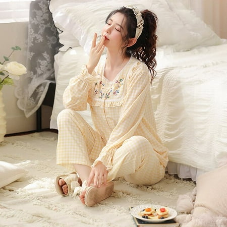 

CoCopeaunt New Homewear Long Sleeve Pajamas Set Cute Leisure Women Sleepwear 2Pcs Nightwear for Women Nightwear Long Loose Waist Pant