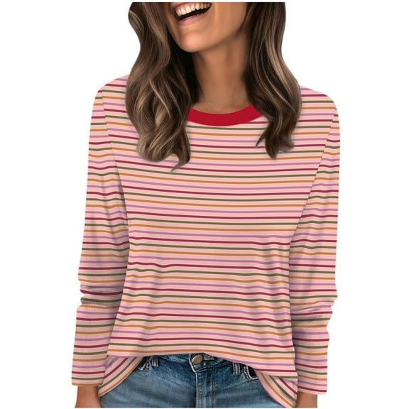 Ltctricy Women's Long Sleeve T Shirts Spring Fall Fashion Crew Neck Striped Soft Casual Tee Tops Loose Tunic Blouses(Hot Pink,XX-Large)