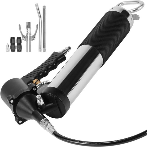 KFFKFF Pistolet à Graisse Pneumatique, à Air, 6000 Psi, Tient 14 OZ/400 CC, Conception Robuste, Comprend un Tuyau Flexible de 18,5 Pouces, 1 Coupleur Plat Noir, Coupleur Pointu, Tuyau Métallique Courbé, et un Coupleur à Pince de Verrouillage