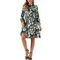 thumbnail image 2 of Vestido Floral de Mujer Inspire Chic con Cuello Mock, Manga Larga, Cintura Ajustable, Largo a la Rodilla, Estilo Boho, Color Amarillo con Hojas, 2 of 6
