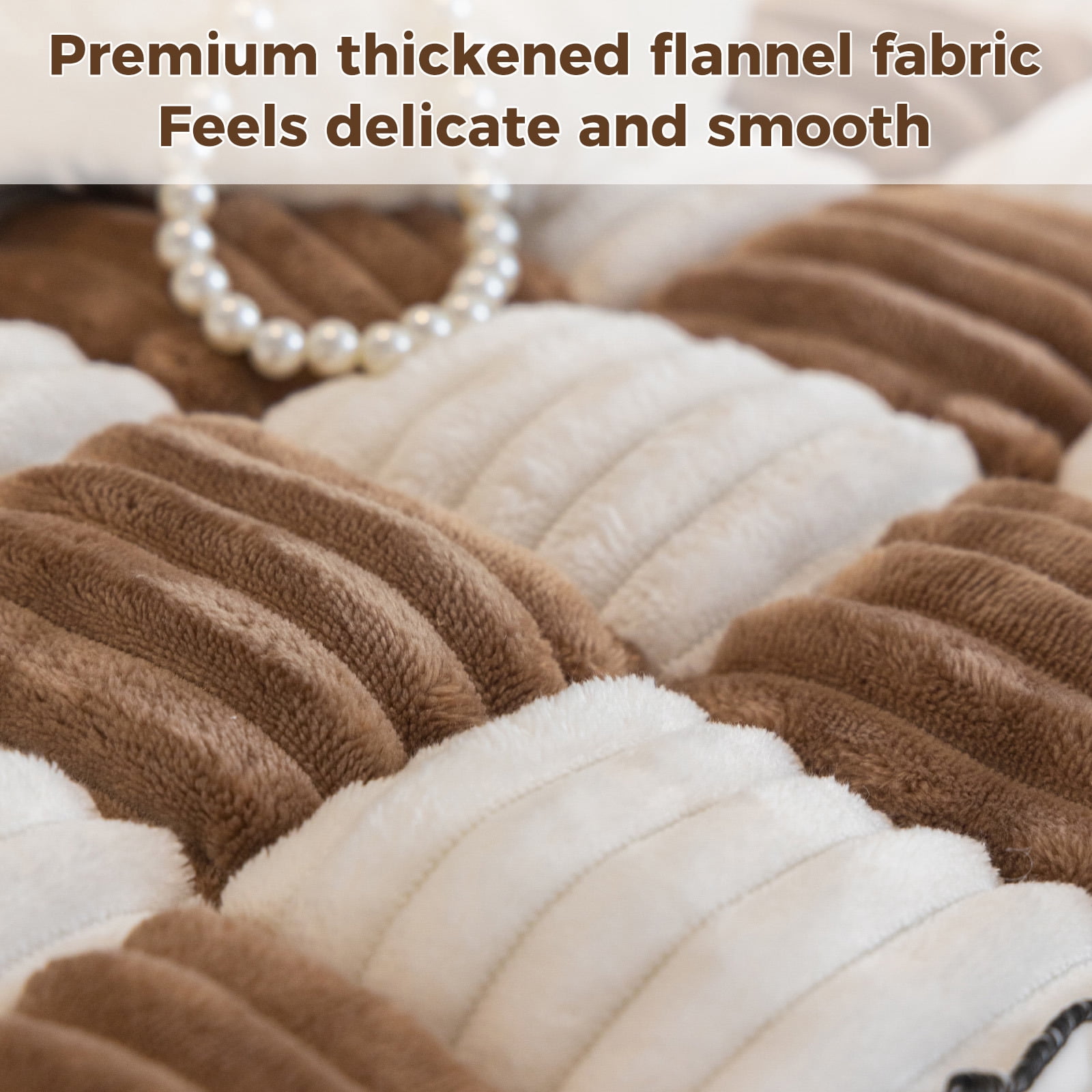 ANMINY Thick Fuzzy Checkered Couch Cover, Non-Slip Nordic Cream Sofa Protector Mat, Soft Flannel Furniture Cover