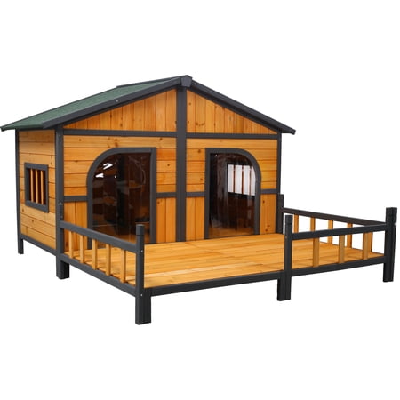 JUYG Wooden Large Dog House Natural Double XL Elevated Floor Porch