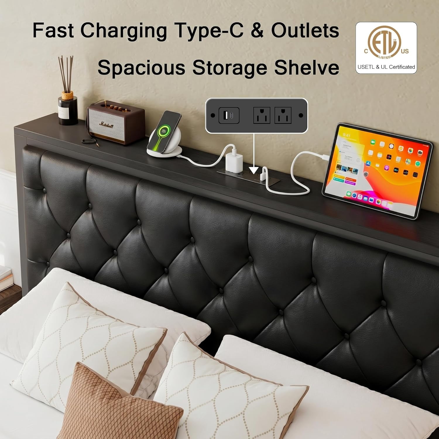 iPormis Full Bed Frame with Storage Drawer, Metal Platform Bed with Charging Station, Upholstered Faux Leather Button Tufted Storage Headboard, No Box Spring Needed, Noise-Free, Easy Assembly, Black