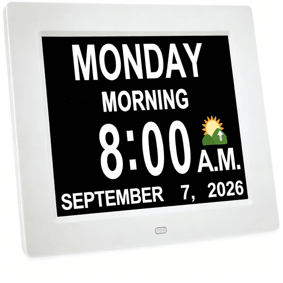 DESIGNICE 8" Large Digital Calendar Day Clock for Seniors 2026-Easy to Read Alzheimer'S Dementia Memory Loss Clock for Elderly with Ips Wide Angle,Day&Date,12 Custom Alarms&Auto-Dimming,White