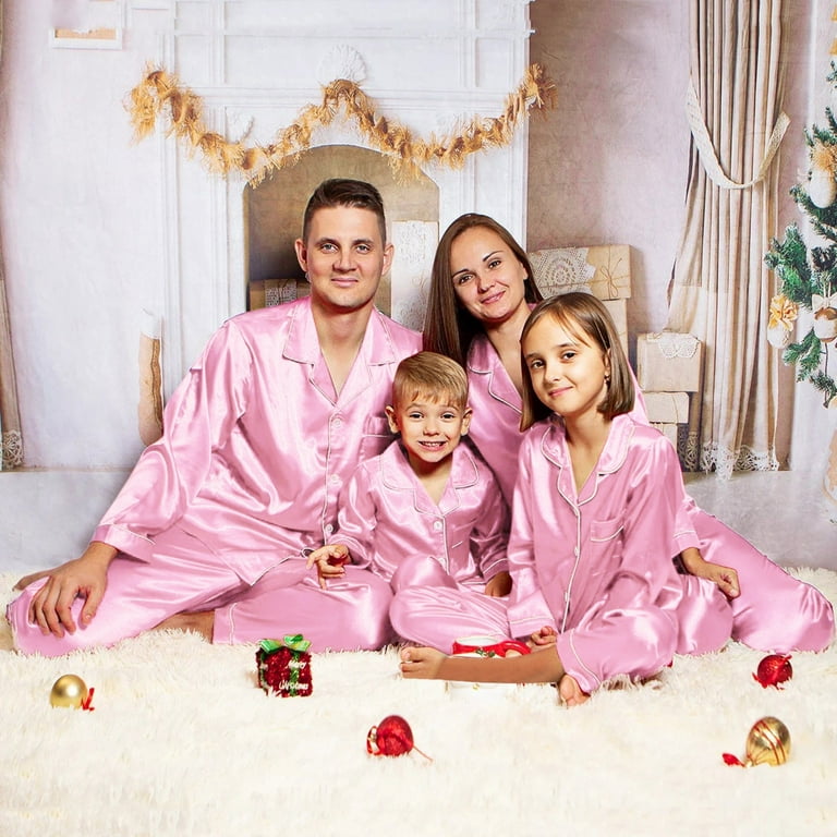 Mrulic Sleepwear Loungewear Solid Matching Pajamas Nightwear Family Pants PJ's Satin for Women Set Silk Pink + XL, Women's