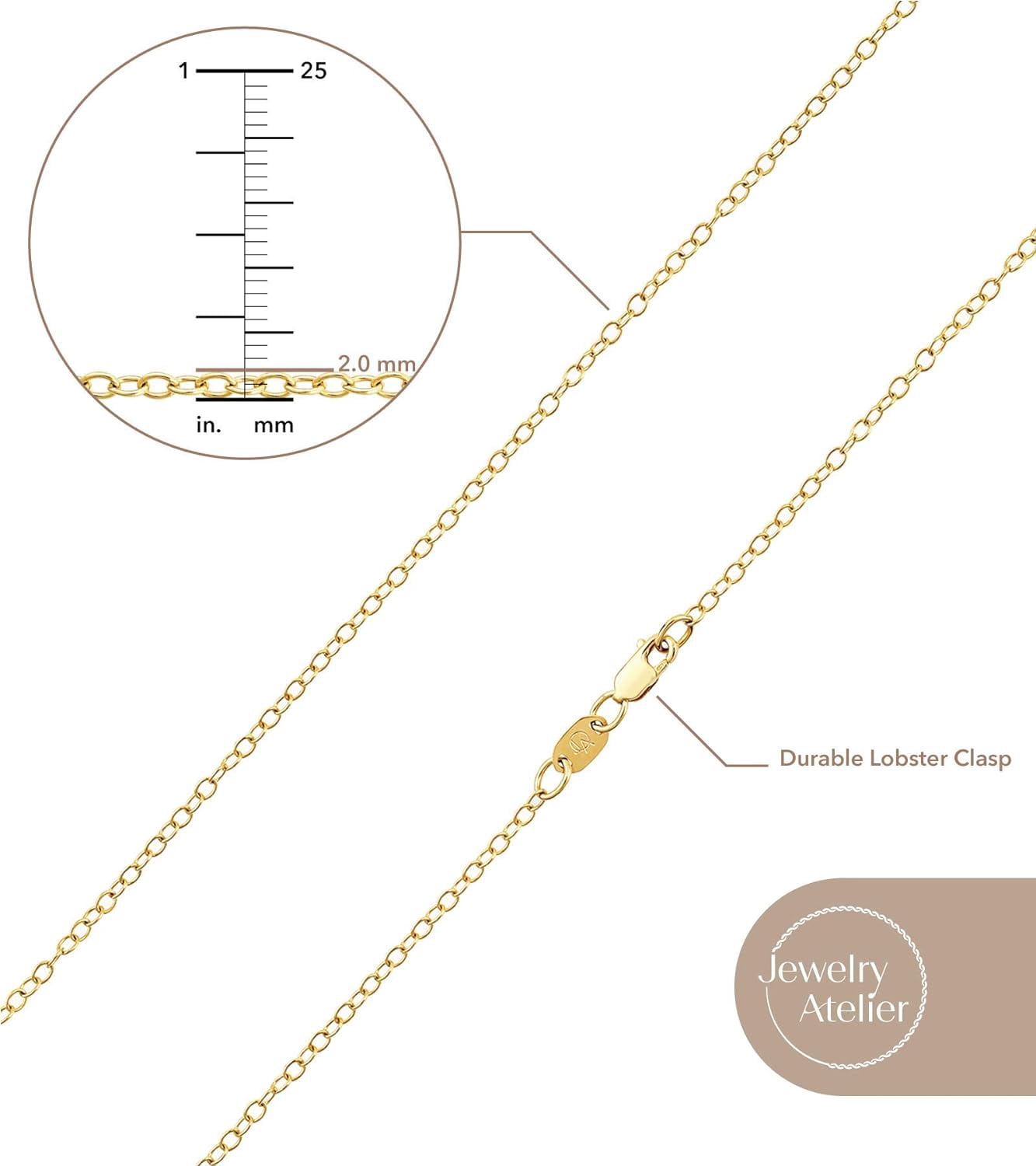 Jewelry Atelier Gold Chain Necklace Collection - 14K Solid Yellow Gold Filled Cable/Rolo/Pendant Link Chain Necklaces for Women and Men with Different Sizes (2.0mm, 2.7mm, or 3.6mm)