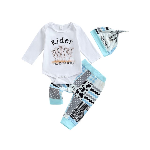 Mialoley Infant Baby Cowboy Clothes Set, Long Sleeve Letter Print Romper + Animal Pattern Pants + Hat