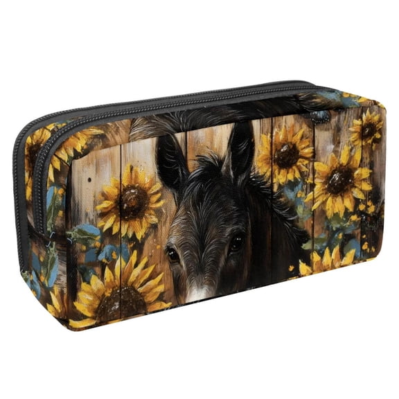 PhooArto Pencil Case, Donkey and Sunflower Wooden Large Capacity Pencil Pouch Stationery Pen Bag