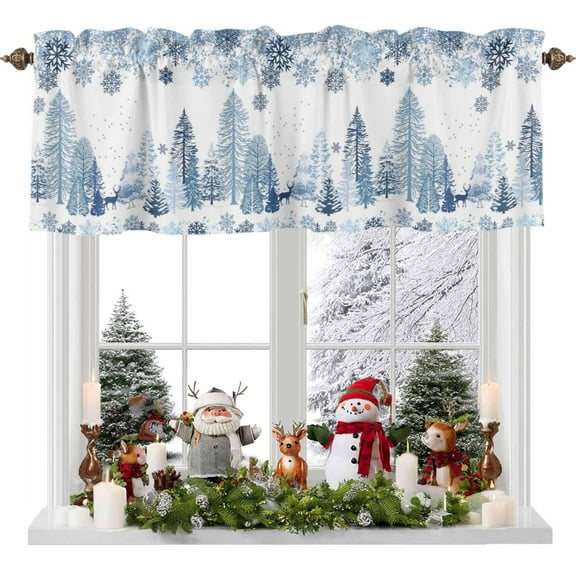 Blue Winter Theme Valances for Windows, 54 x 18in, Snowflakes Trees Snow Christmas Rod Pocket Kitchen Valance Curtain Light Filtering Window Treatments for Living Room Bedroom, 1 Panel