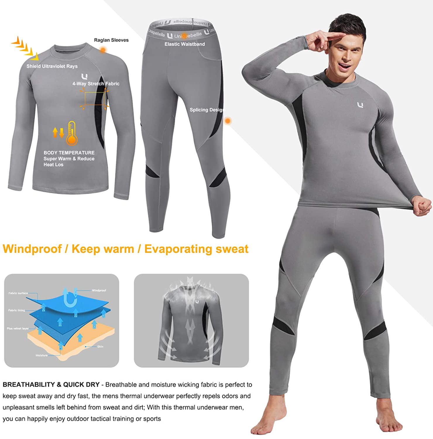 UNIQUEBELLA Thermal Underwear Men Set Long Sleeve Tops Long Johns Thermal Base Layer Bottom Fleece Lined Quick Drying for Workout Skiing Running Hiking 