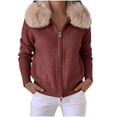 thumbnail image 2 of IUYRTFE Women Zip Up Jacket Faux Fur Collar Knitted Cardigan Short Coat for Autumn Winter Casual Wear, 2 of 7