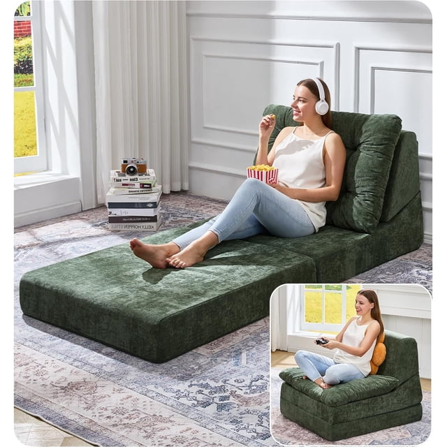 Sofá Cama Plegable Cómoda Tumbona de Piso Convertible con Cojín Extraíble Sofás para Espacios Pequeños Colchón Plegable para Sala de Estar Dormitorio u Oficina (Verde Chenilla, Grande)