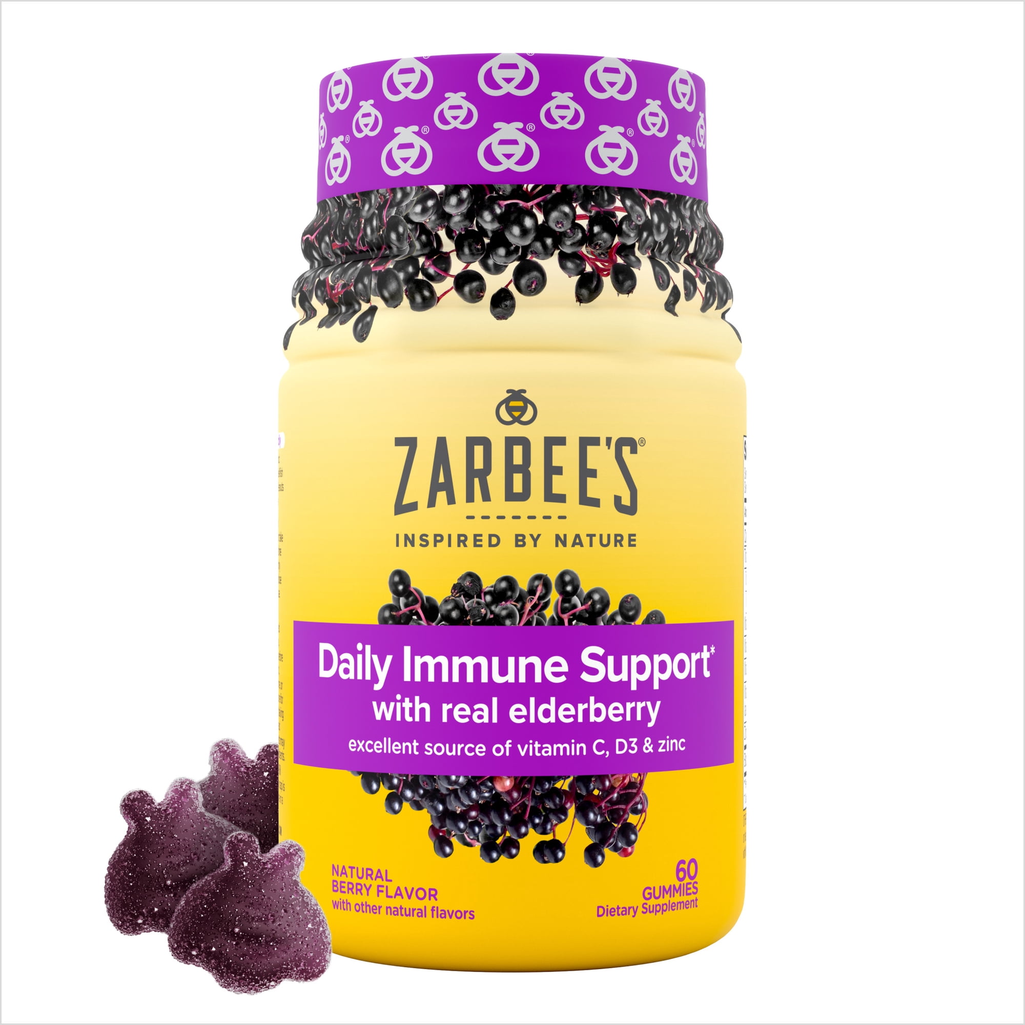 Zarbee's Daily Immune Support* Gummies, Real Elderberry, Vitamins A, C, D3, Zinc, 60 Count
