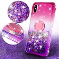 thumbnail image 2 of SOGA Rhinestone Liquid Float Quicksand Cover Cute Phone Case Compatible for Apple iPhone XR 6.1 inch Case with Embedded Metal Diamond Ring for Magnetic Car Mounts and Lanyard - Purple on Pink, 2 of 5