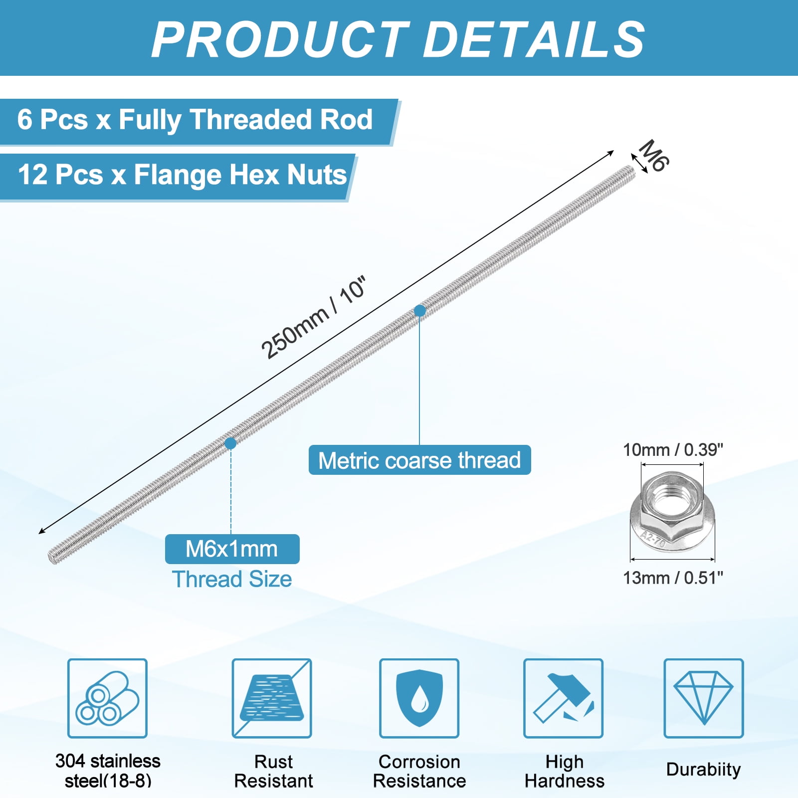 Uxcell 6 Set M6 x 1mm Fully Threaded Rods 10 Inch, 304 Stainless Steel All Threaded Rod Metric Right Hand Threads with 12Pcs Flange Hexagon Nut for Clamps Hangers U-Bolt