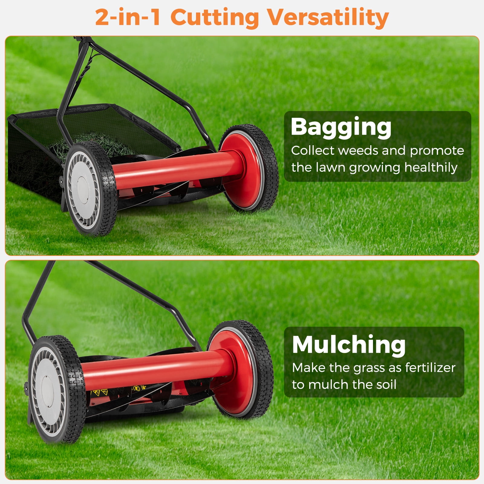 Gymax 14'' Manual Reel Mower w/ 5-Blade 6.6 Gallon Removable Grass Catcher for Garden Red