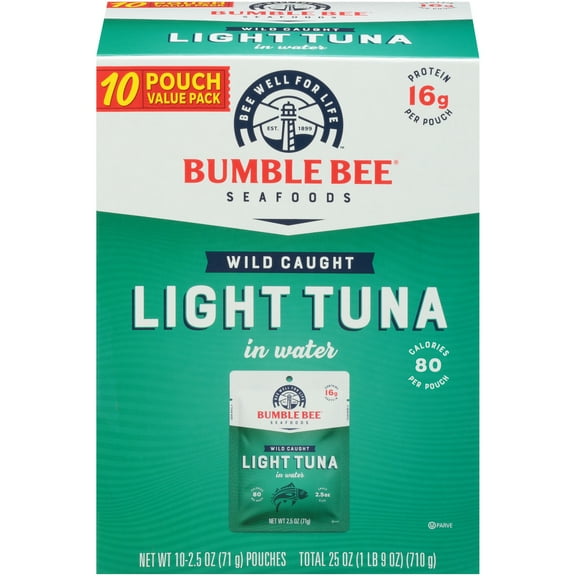 Bumble Bee Light Tuna in Water, Wild Caught, Gluten Free, 16g Protein per Serving, Shelf Stable Pouch, 2.5 oz, pack of 10