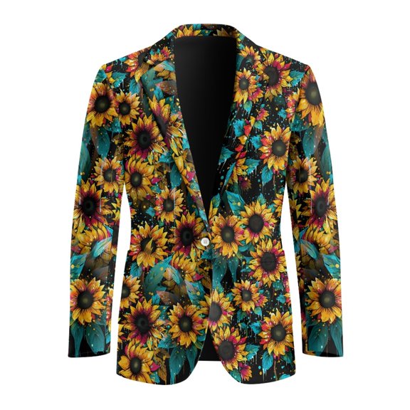 Uourmeti Sunflower Pattern Polyester Men's Business Suit Jacket with Solid, Regular Fit Lightweight Mens Suit for Summer