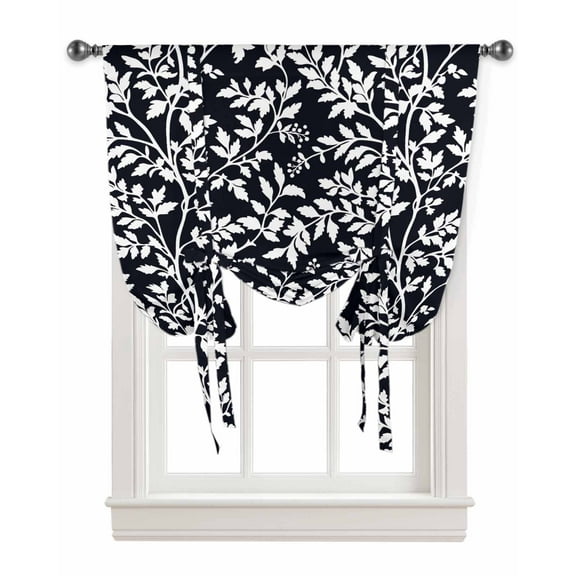 Black Botanical Tie Up Curtains for Kitchen Bathroom Bedroom Windows 45 Inch Length, Vintage Pastoral Leaf Farmhouse Balloon Drape Curtains Shade Rod Pocket Drapery Curtain Panel, 34"x45"