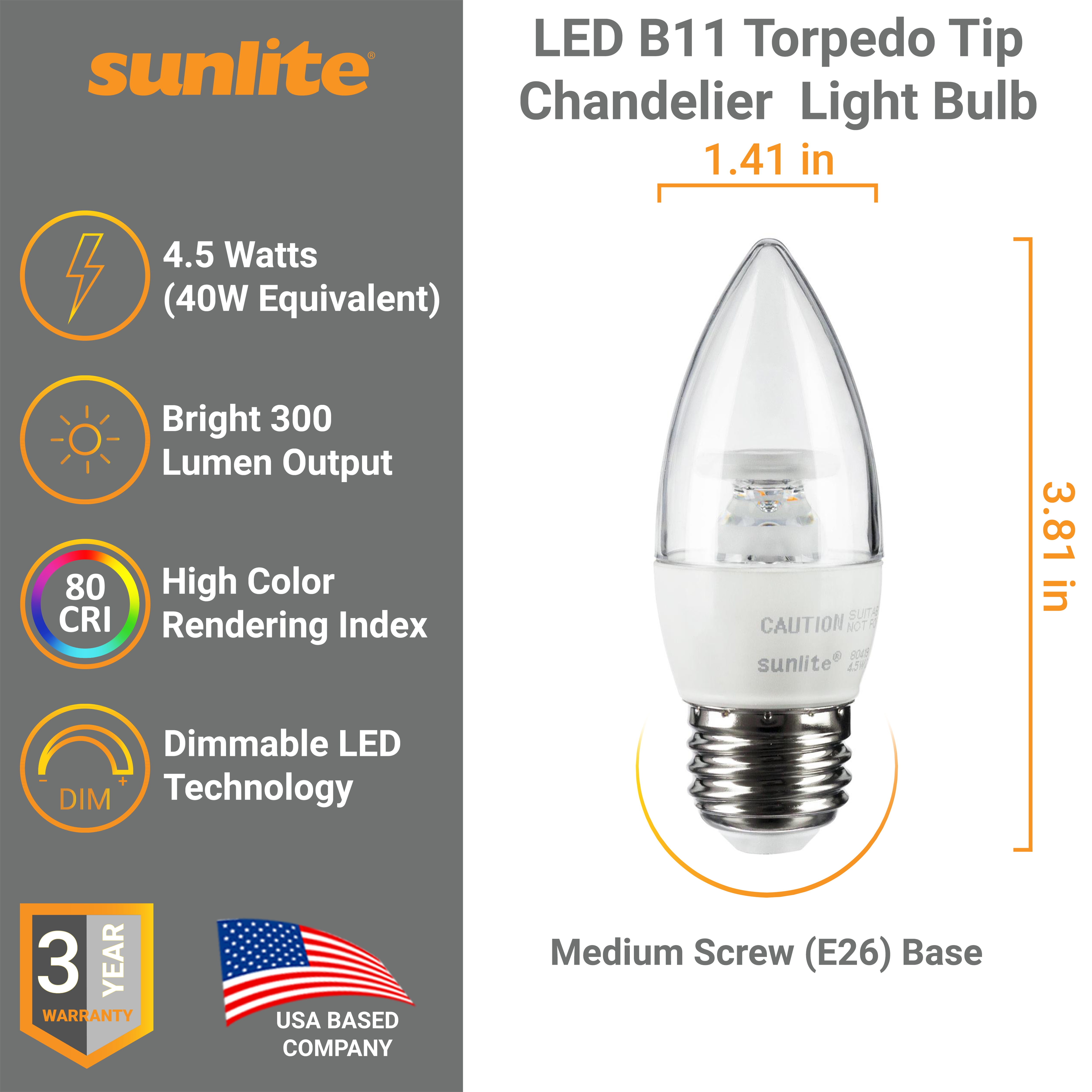 Sunlite LED B11 Torpedo Tip Chandelier Light Bulb, 4.5 Watts (40W Equivalent), Medium E26 Base, Dimmable, 2700K Warm White, Clear, 6 Pack