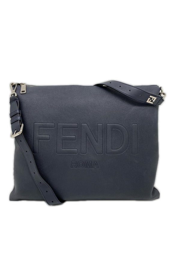Pre-Owned FENDI Leather Logo Shoulder Bag 7VA604 Navy Brown Men's