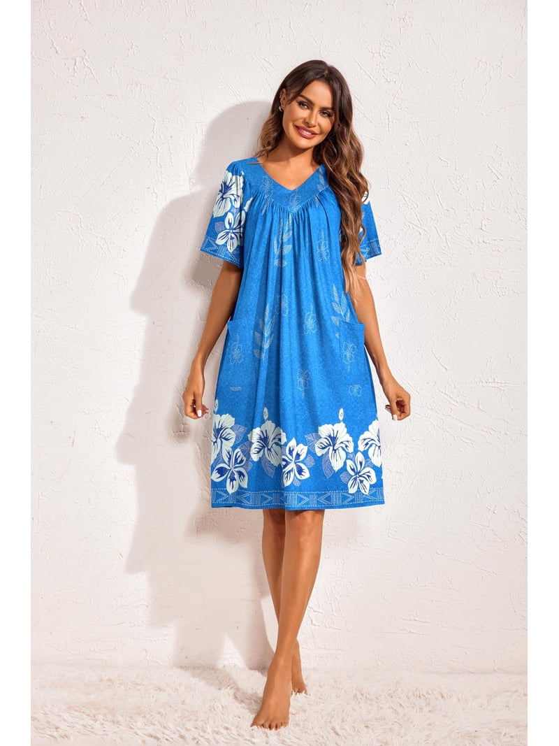 cotton muumuu dress walmart Ekouaer Moo Moos for Wommen Floral Print House Dress with Pockets Nightgown Mumu  Dresses