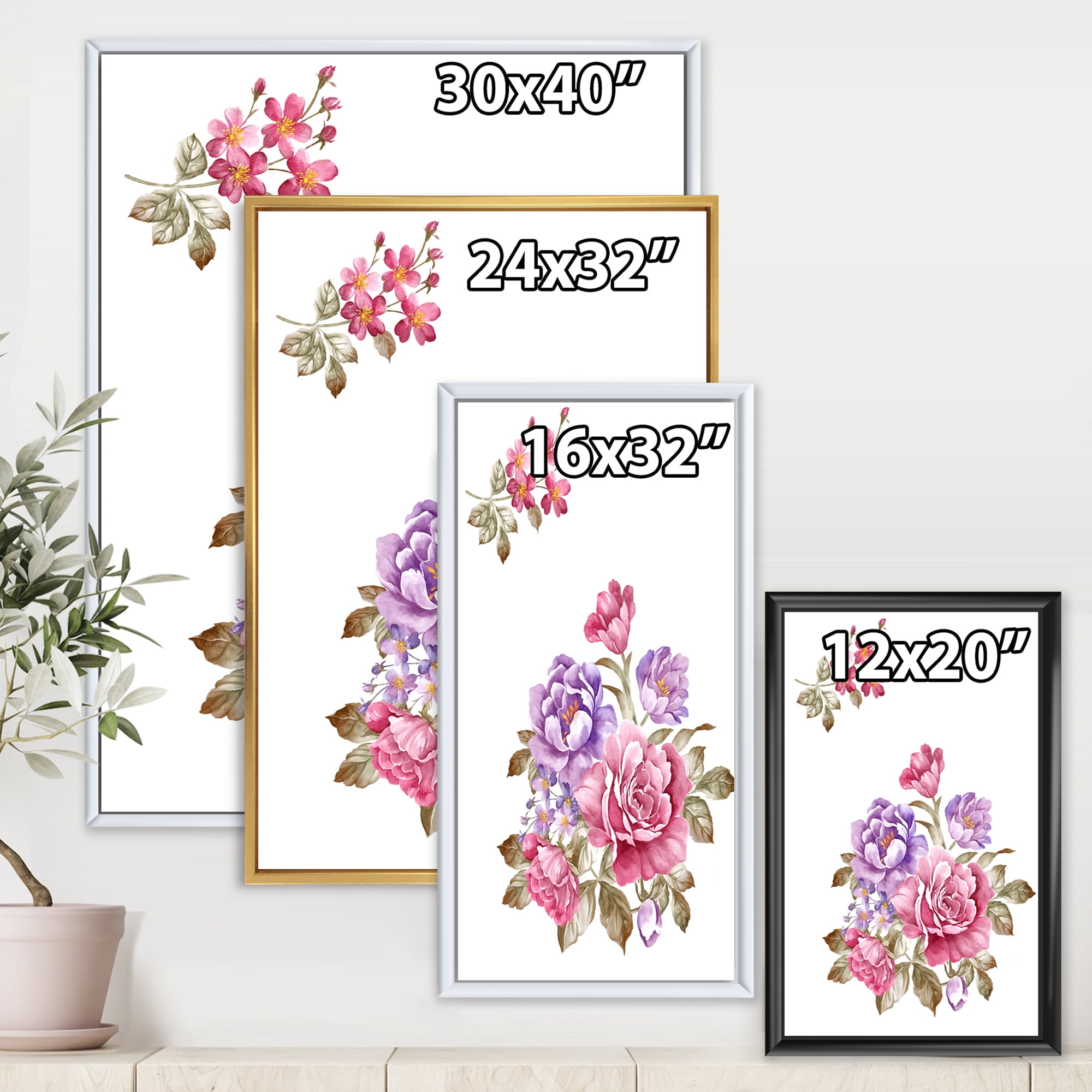 Designart 'Bouquet of Purple and Pink Flowers I' Farmhouse Framed Canvas Wall Art Print