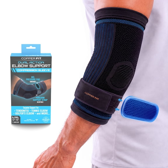 Copper Fit Dual Action Elbow Compression Sleeve, Supports Tendonitis, Removable Gel Pressure Pad, L/XL
