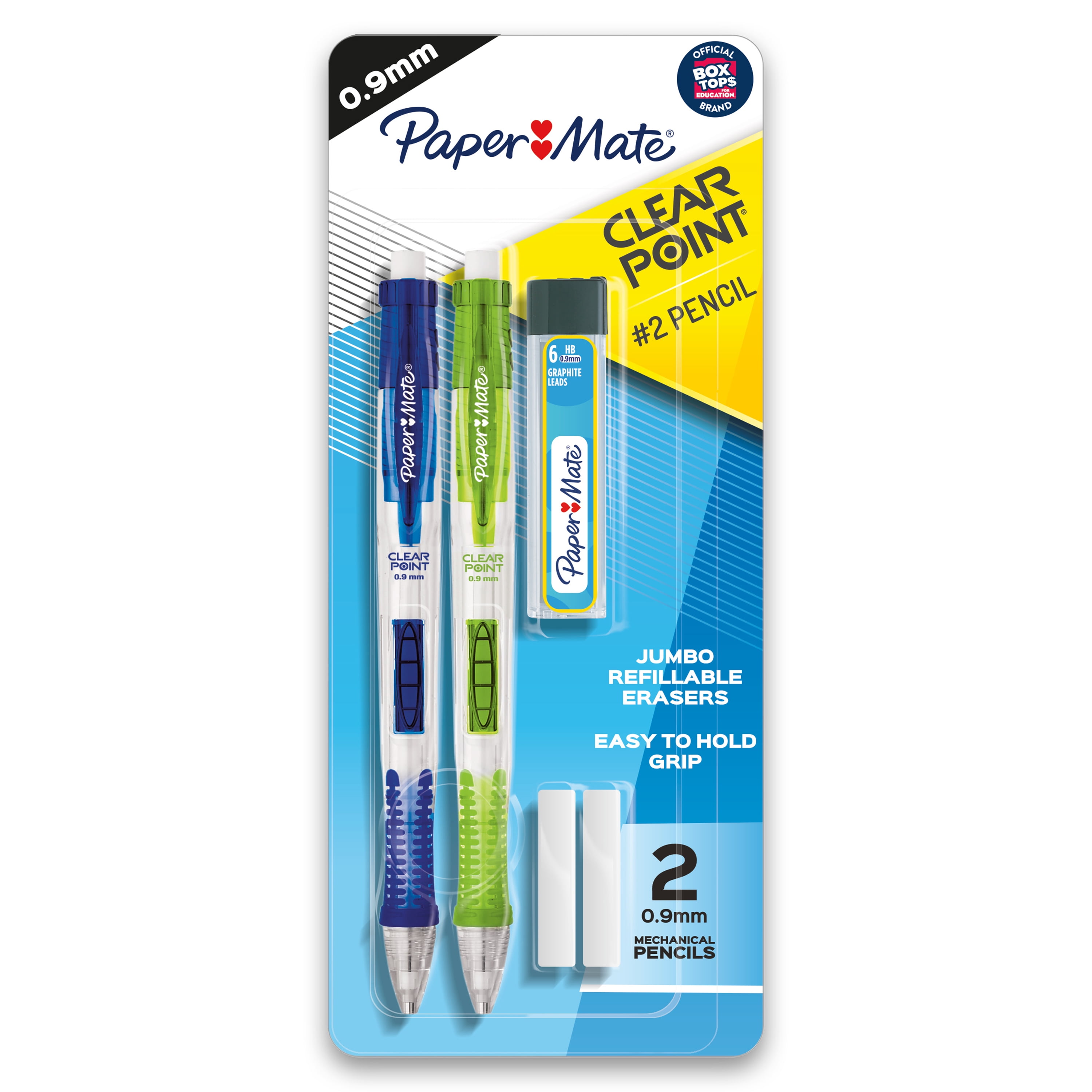 Paper Mate Clearpoint Mechanical Pencils, HB #2 Lead (0.9mm), Assorted Barrel Colors, 2 Pencils, 1 Lead Refill Set, 2 Erasers
