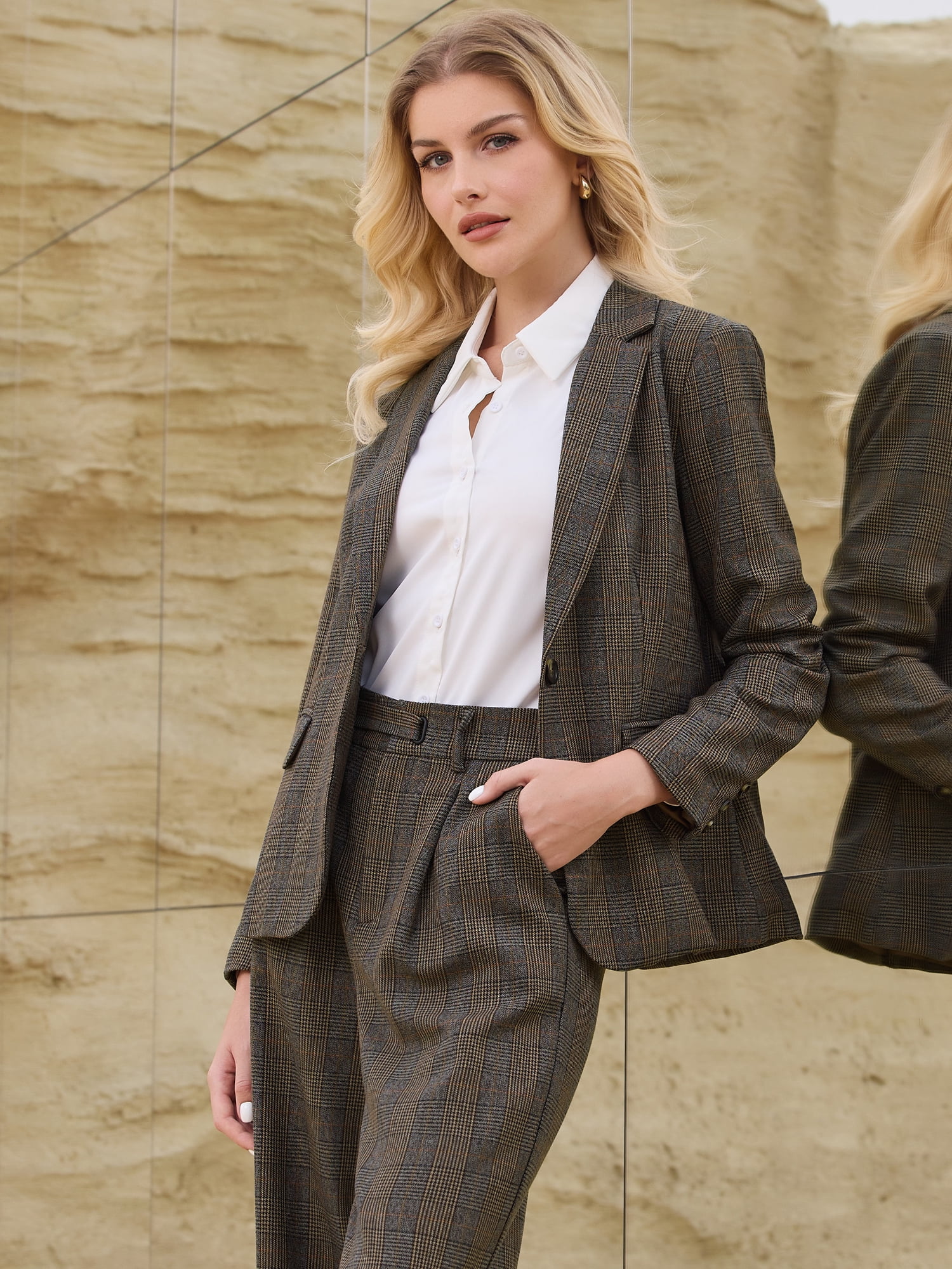 DARING DIVA Women's Houndstooth Plaid Blazer Business Suit Jacket S Brown
