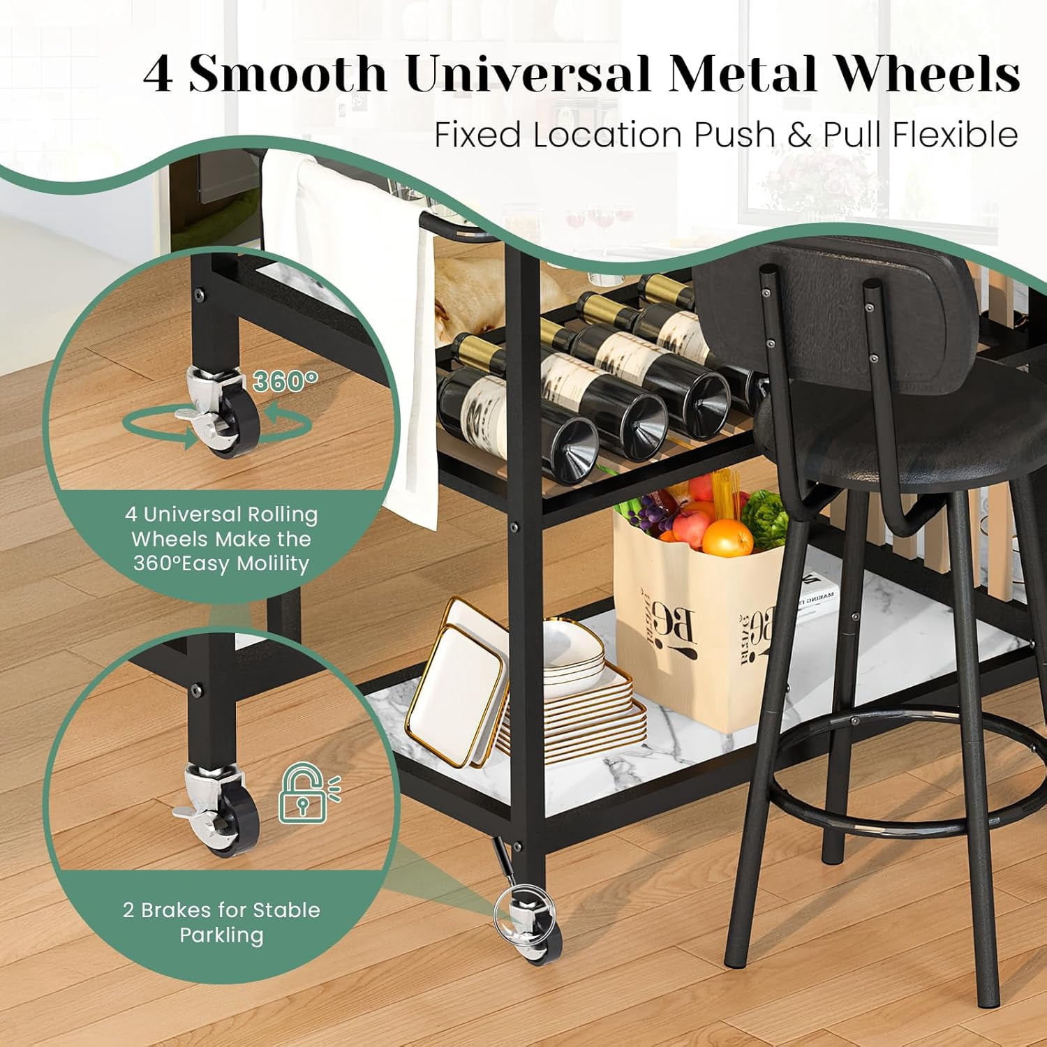 Lamerge 2 Person Folding Dining Table Set with Wheels and Wine Rack, White