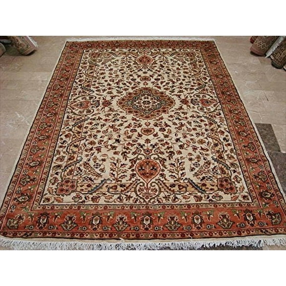 Ahmedani Linen Wow Ivory Medallion Vaas Rectangle Home Decor Indoor Area Rug Hand Knotted Wool Silk Carpet (8 x 6) Foot