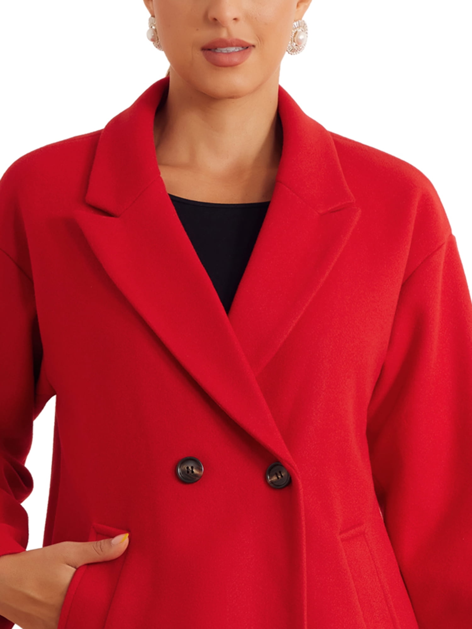 DARING DIVA Women's Winter Overcoat Notch Lapel Double-Breasted Mid-Length Long Coat L Red
