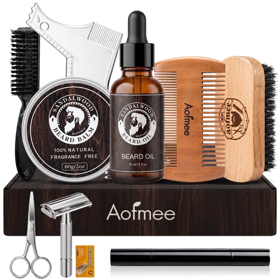 Aofmee Beard Care Kit for Men, Beard Grooming Kit Gift Set with Beard Oil, Balm Styling Card, Sandalwood Scent