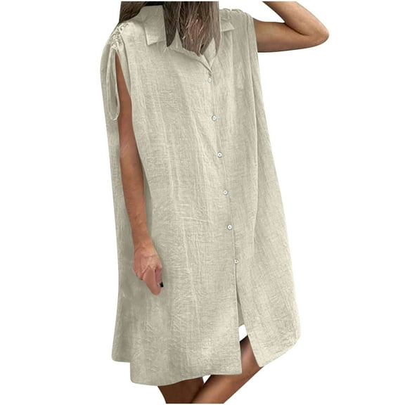 Casual Summer Dresses For Women Sevevn Women's Summer Imitation Cotton And Linen Lapel Solid Color With Pockets Shoulder Drawstring Dress