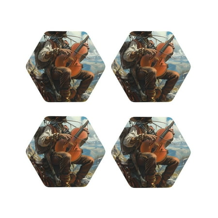 

Fuzoiu Western Guitar Cowboy Print Leather Coasters Set Drink Coasters Set of 4 for Tabletop Protection Durable PVC Coasters Home Décor and Housewarming Gift-Hexagon