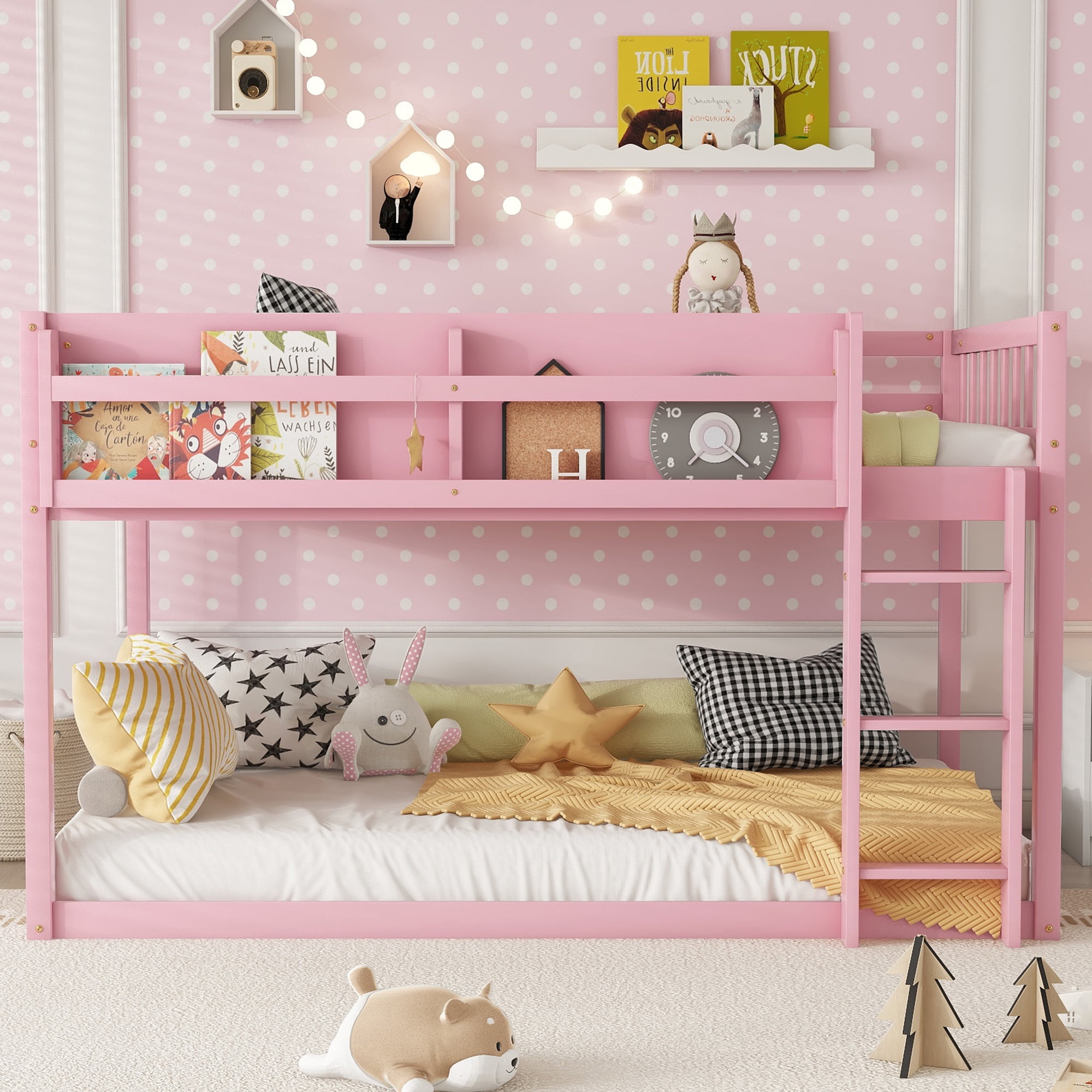 HOQBN Bunk Bed Twin Over Twin,Solid Wood Low Floor Bunk Bed with Ladder,Pink