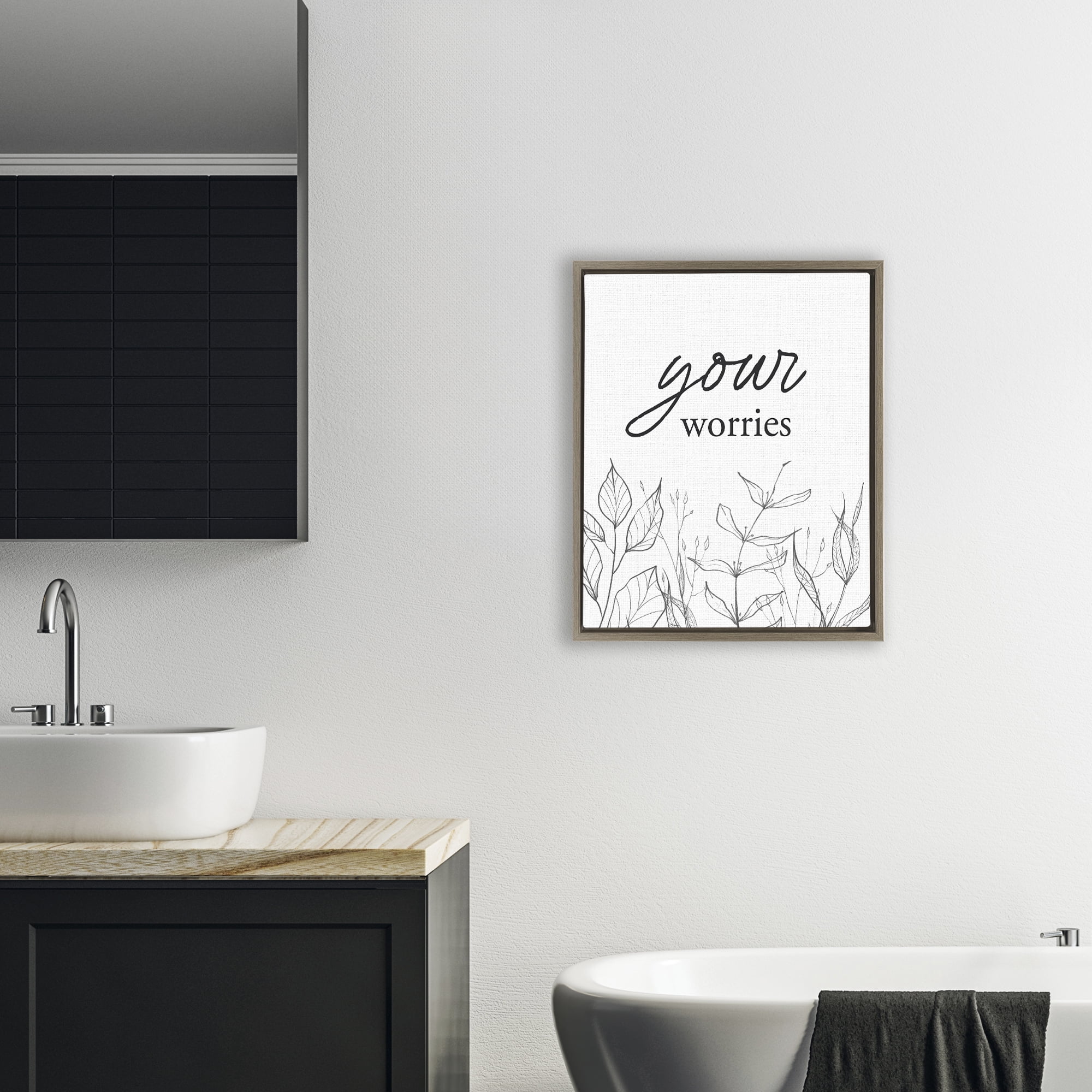 Your Worries Minimalist Leaves Brown Framed Floater Canvas Wall Art, design by Lettered and Lined