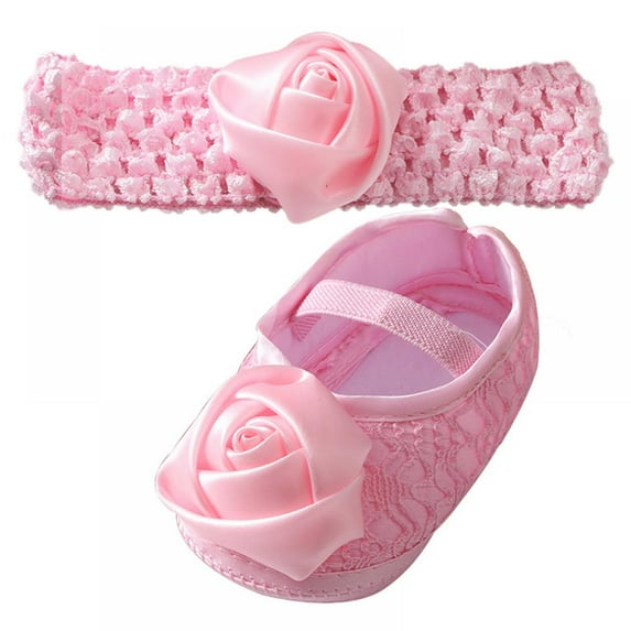 Newborn Baby Girls Rose Flower Princess Lace Shoes+Headband Bowknot Toddler Kid Cotton Soft Sole Walking Baby Shoes