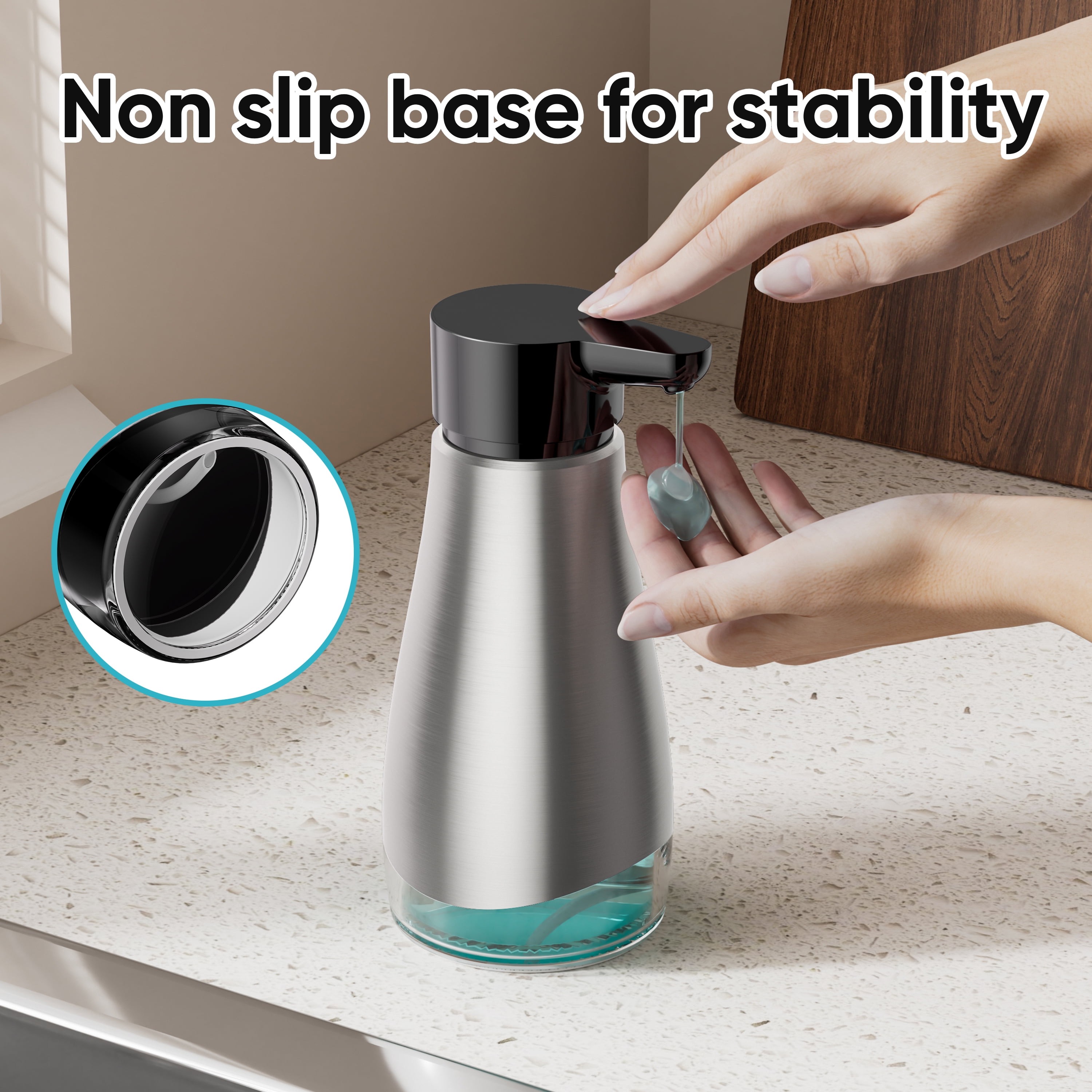 Oasis Creations 500 mL /17fl.oz Stainless Steel Liquid Soap Dispenser for Dish and Hand Soap - Two Toned Silver and Black - Refillable - Great for Kitchen Bathroom or Countertop