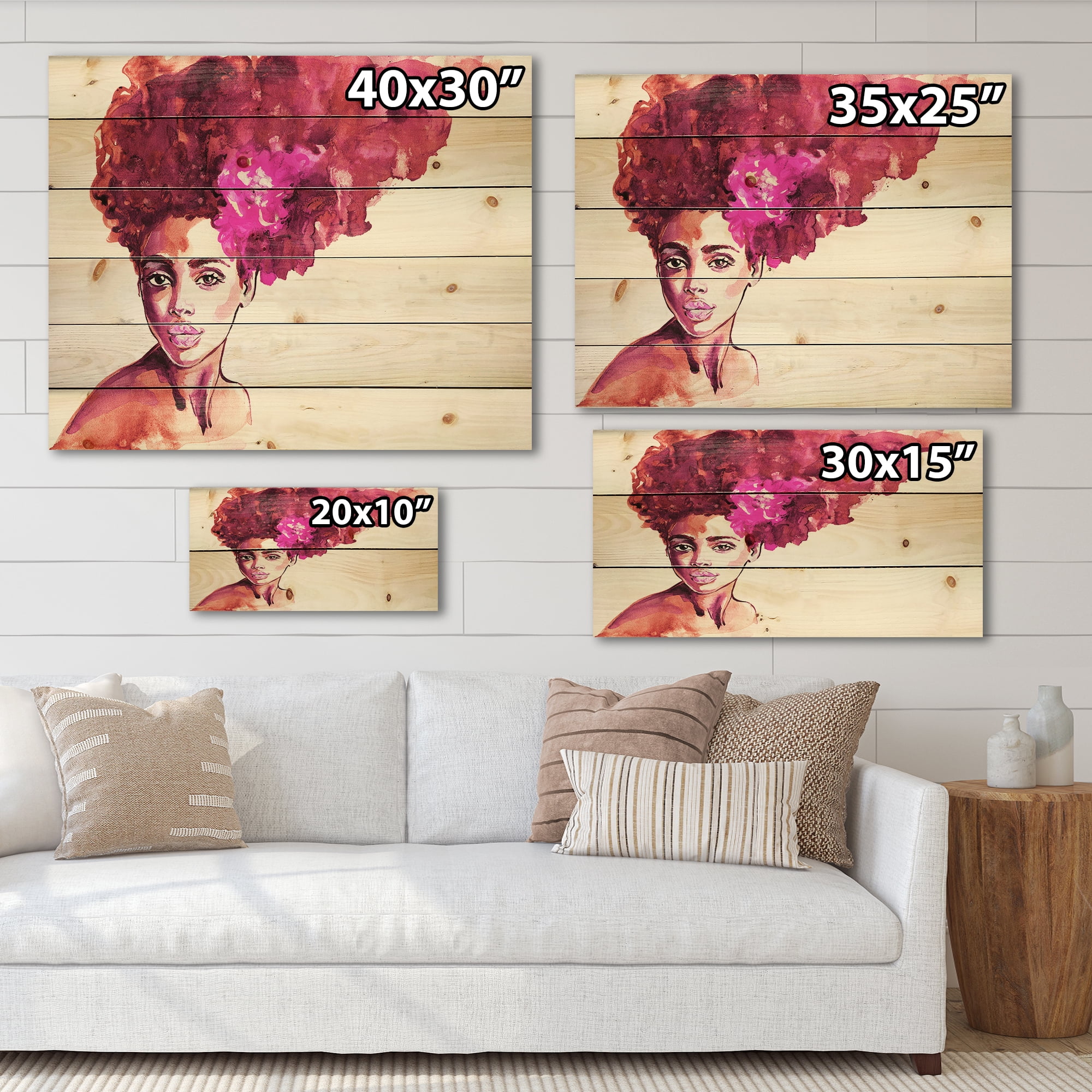 Designart 'Portrait of Afro American Woman VI' Modern Print on Natural Pine Wood