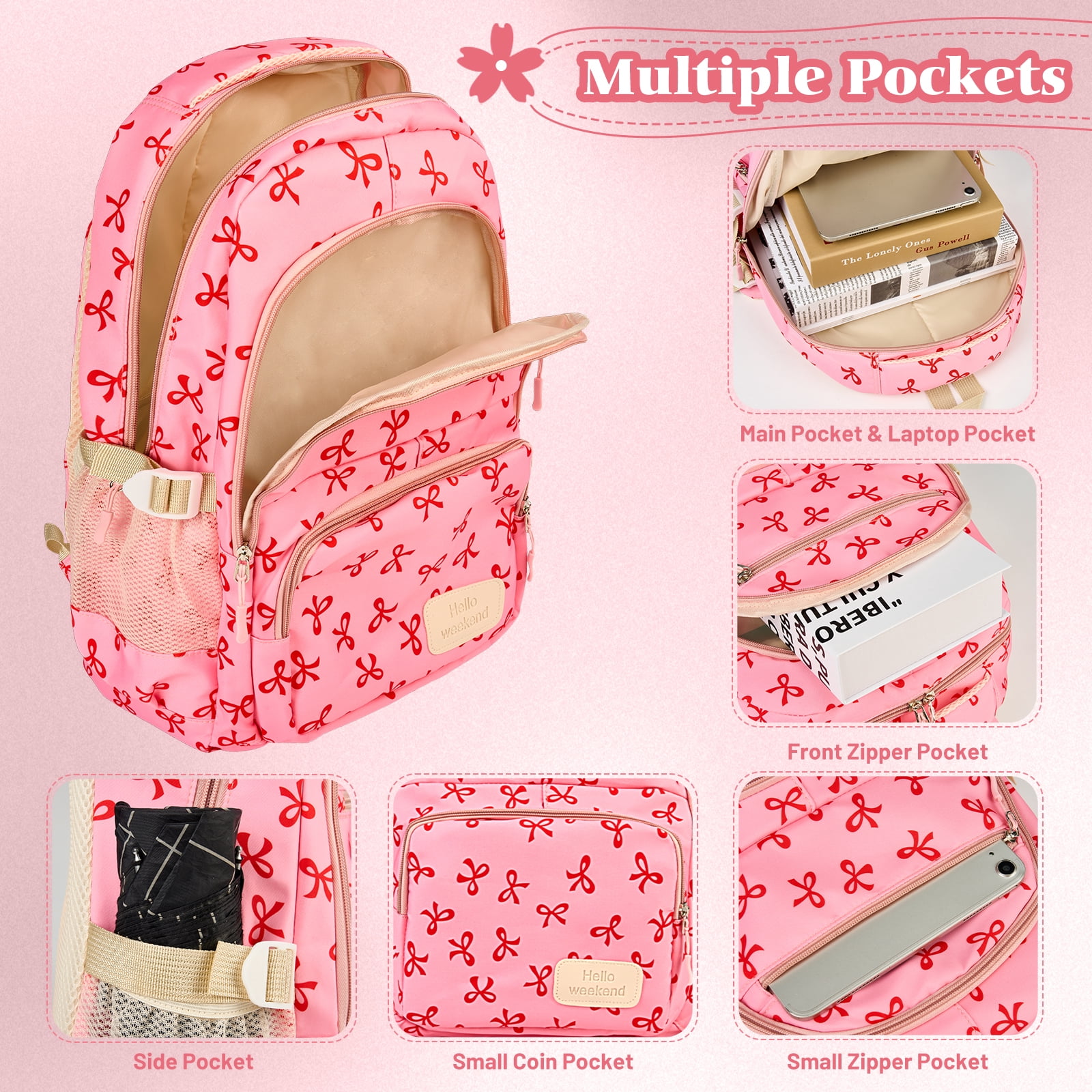 Dakimoe School Backpack Set with Cute Bow, Lightweight Bookbag - Rose Red, Perfect for Elementary & Middle School  Ages 4-12