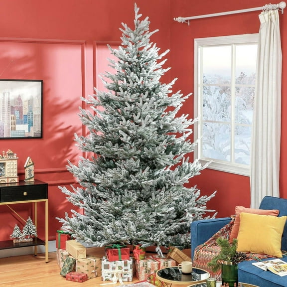Resenkos 9FT Artificial Flocked Hinged Christmas Tree with 1939 Tips, Steel Base & Auto Open, Green