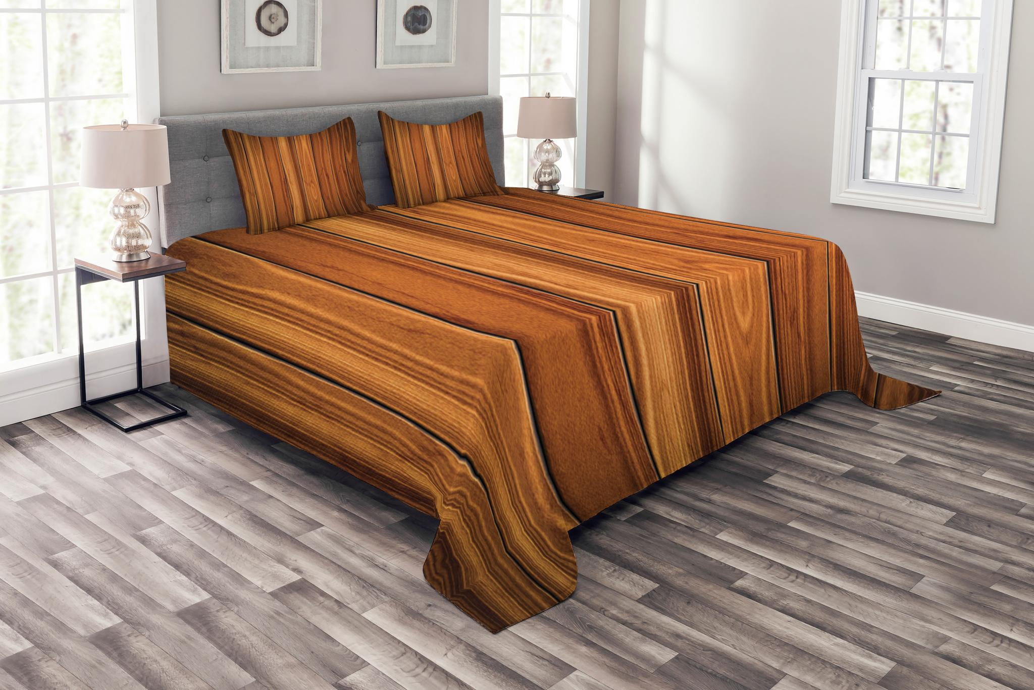 Rustic Bedspread Set King Size, Vertical Wooden Planks Image Cottage