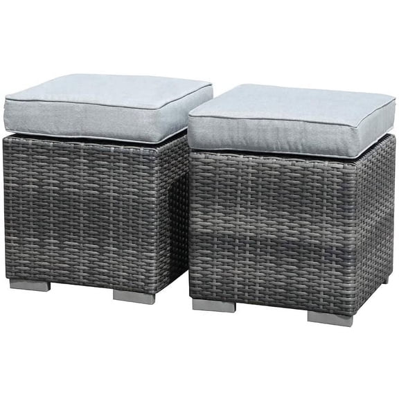 WLTER 2 Pieces Assembled Outdoor Patio Ottoman, Indoor Outdoor All-Weather Grey Wicker Rattan Outdoor Footstool Footrest Seat with Light Grey Cushions, No Assembly Required