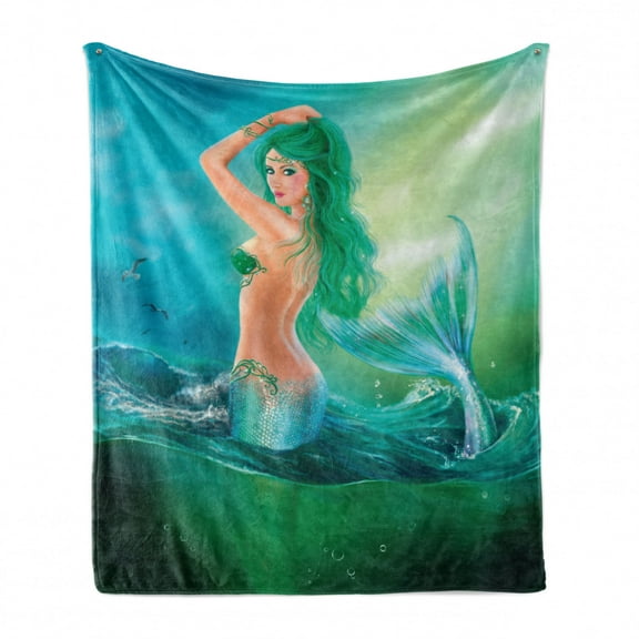 Underwater Soft Flannel Fleece Throw Blanket, Mermaid in Ocean on Waves Tail Sea Creatures Dramatic Sky Dark Clouds Print, Cozy Plush for Indoor and Outdoor Use, 50" x 60", Blue Green, by Ambesonne