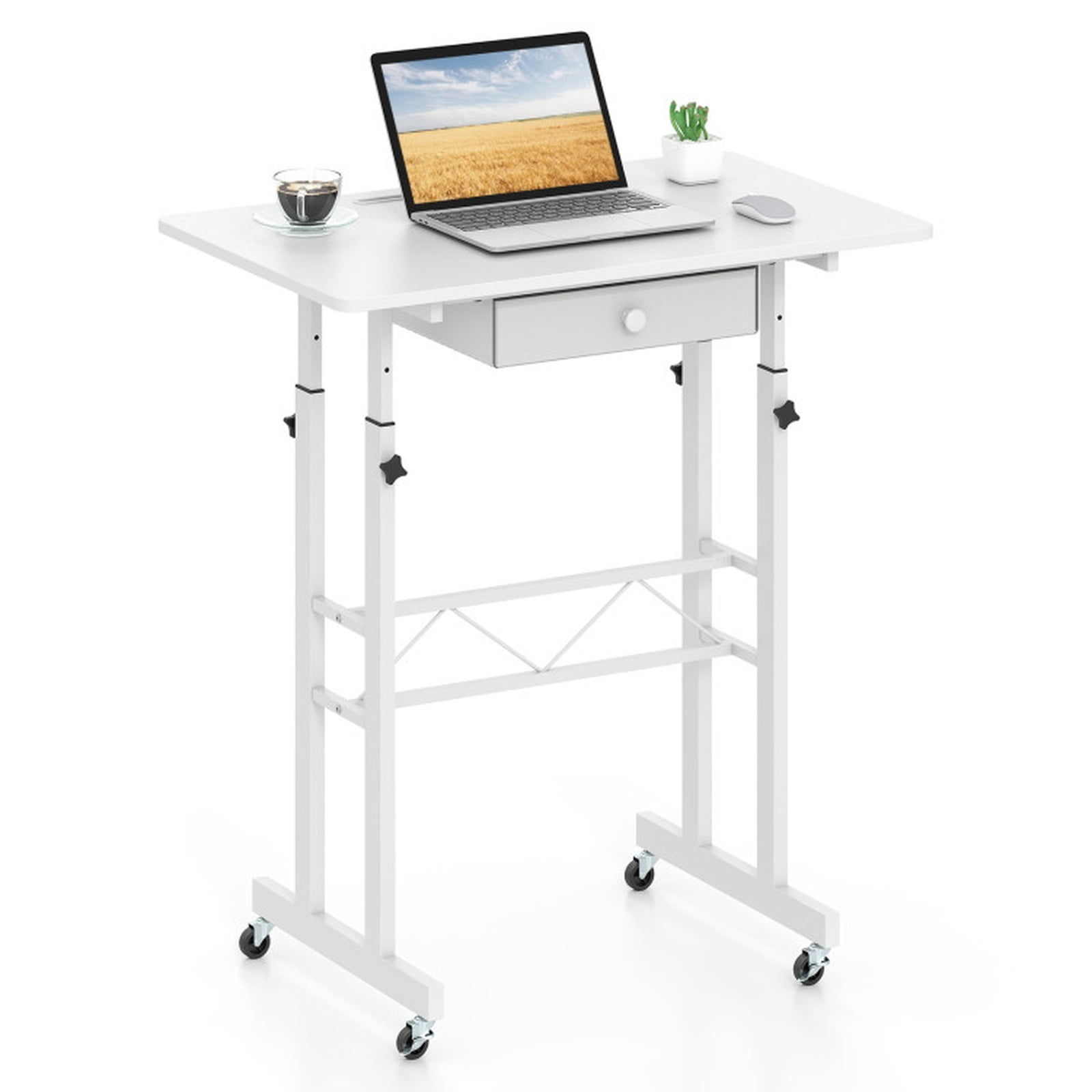 Furnibear Height Adjustable Standing Laptop Desk with Fabric Drawer Tablet Holder Lockable Wheels and Sit Stand Design for Home Office, White