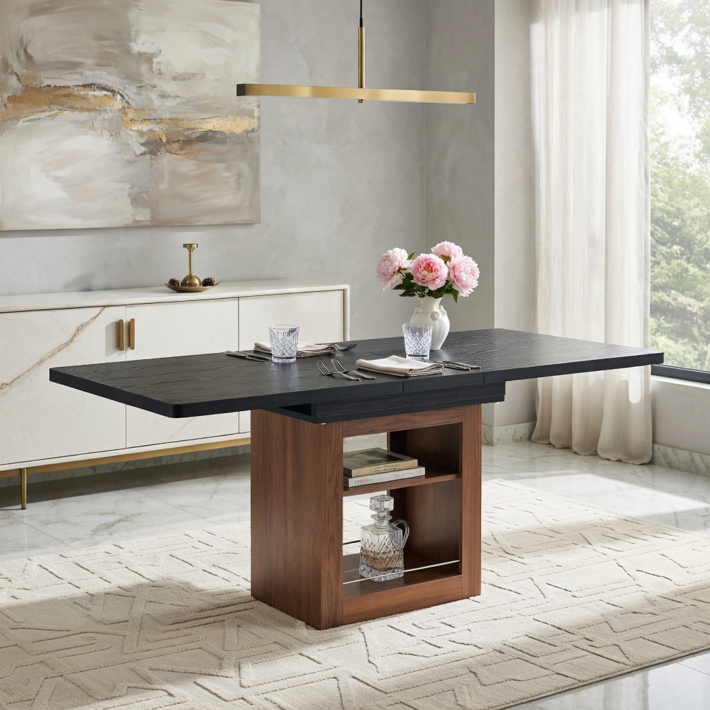 Hommoo Expandable Dining Table with Storage, 59-71" Rectangular Pull-Out Table for 4-8 People, MDF + Metal Frame, Modern Space-Saving Kitchen/Dining Room Furniture, Black & Walnut
