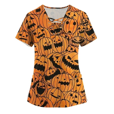 

Sksloeg Women Scrubs Tops Workwear V Neck Short Sleeve Halloween Skeleton Pumpkin Skull Graphic Print Nursing Uniform Pattern Scrubs Shirts with Pockets Dark Gray L